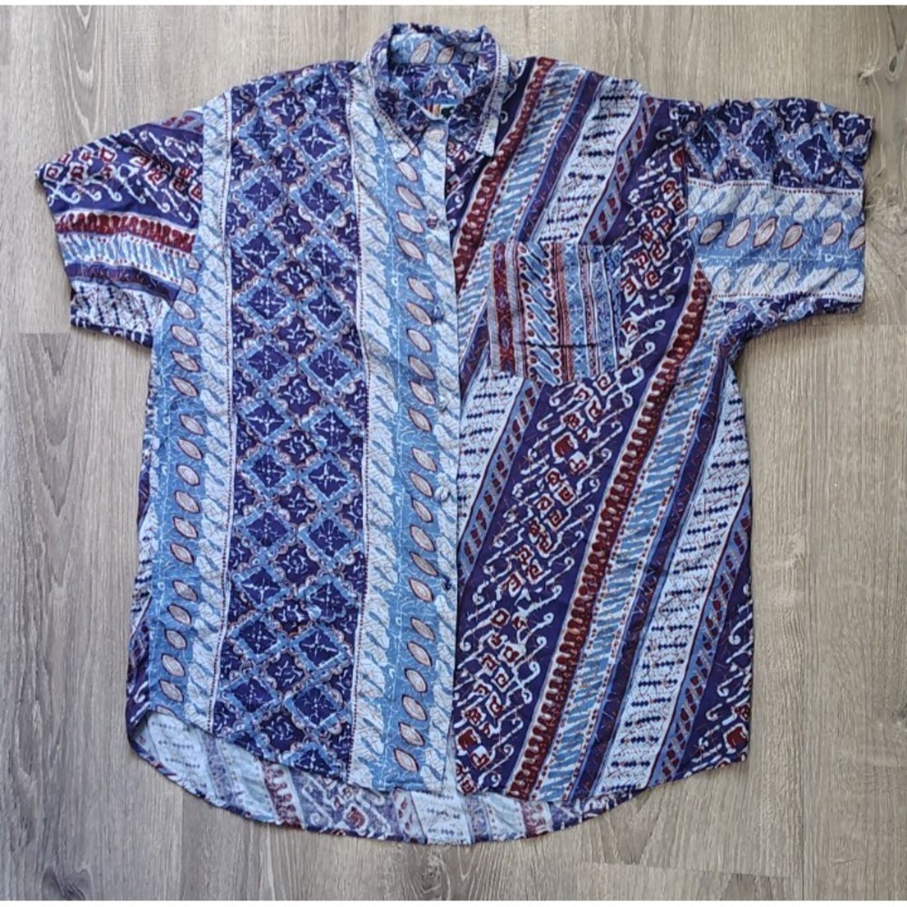 Vintage NO! Jeans Rayon Hawaiian Shirt Womens Geometric Blue Sz M Button Missing